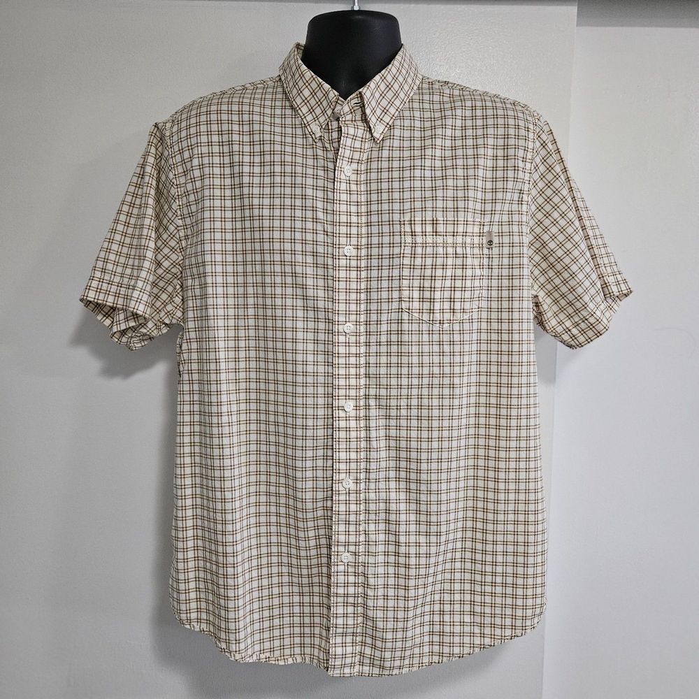 Timberland Size L Regular Fit Short Sleeve Ivory Green Plaid Button Front Shirt - Picture 1 of 6